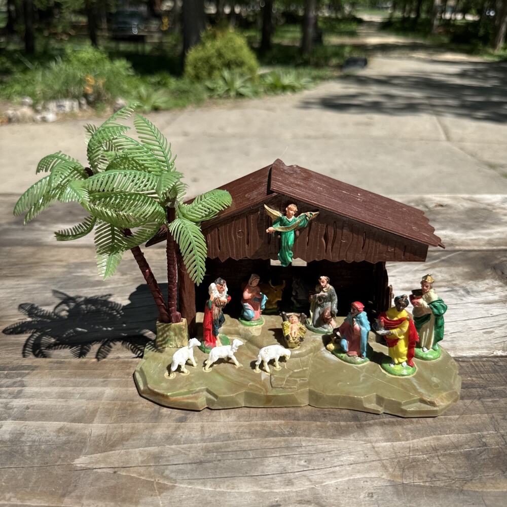 Vintage Mid Century Modern Celluloid Nativity Set Creche Manger Christmas READ